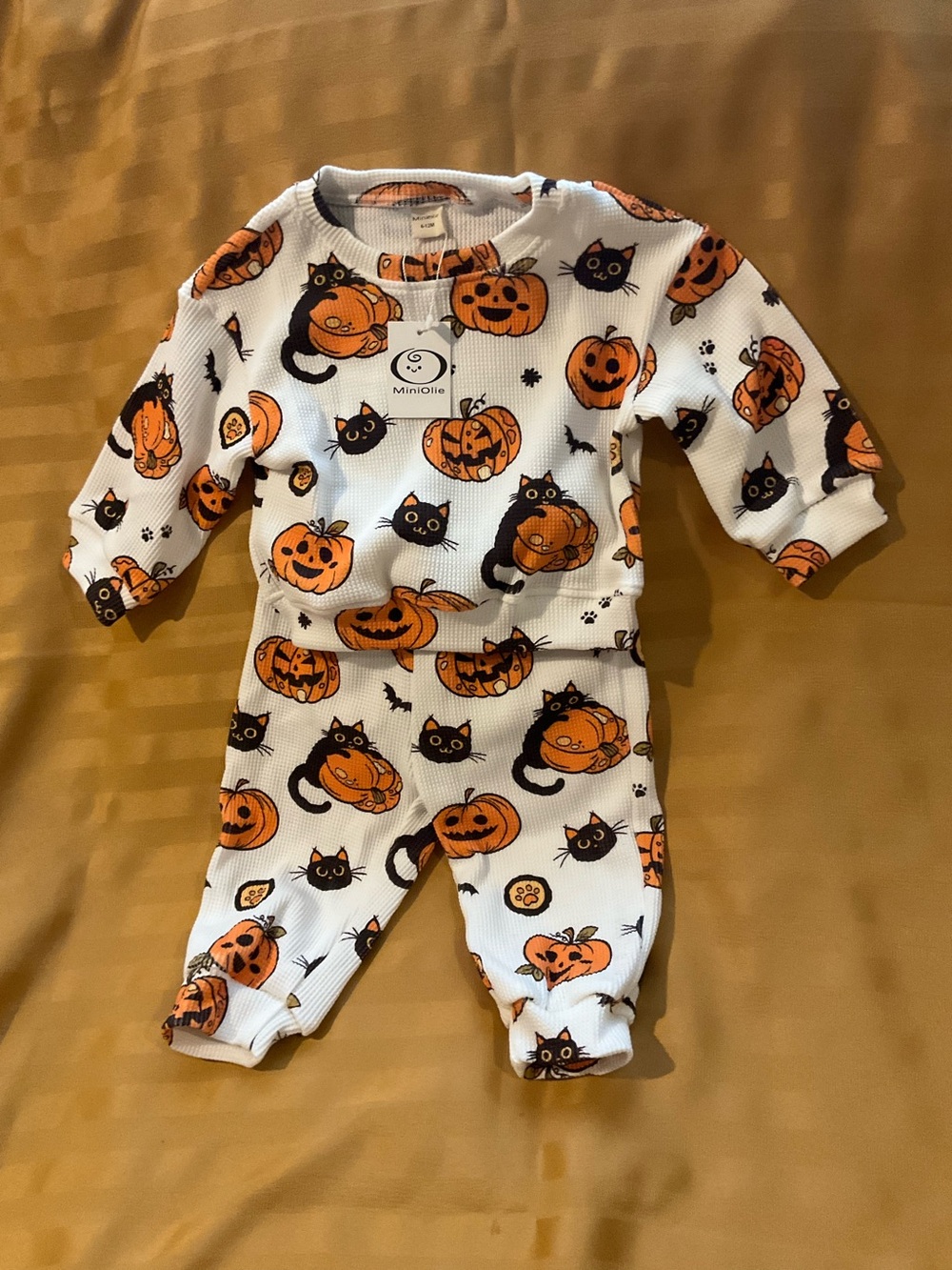 Mini Ollie Halloween Pumpkin & Black Cat Kids 2Pc Set - White/Orange 6-12 mos